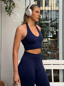 hollyjadebate Women's Solid Color Minimalist Daily Halter Top And Pants Sports Suit Workout Set Summer - Navy Blue - View 3