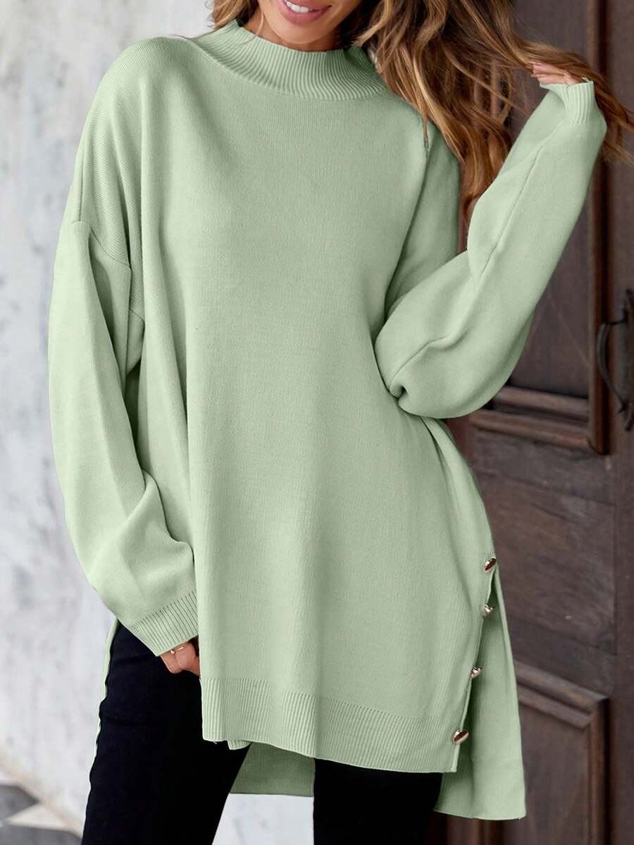 EURMUSE Plus Size Solid Color Stand Collar Long Sleeve Button-Up Casual Pullover Sweater - Mint Green - View 1