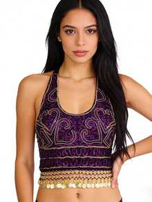 Sequin Embroidered Cropped Top Belly Dance Costume, Metal Disk Tassel Fringe Festival Outfit, Party Rave Stage Performance Wear For Women, Multicolor Options - Multicolor - View 10