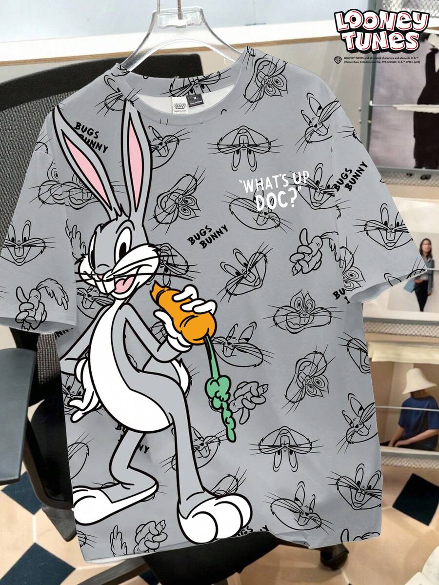 LOONEY TUNES X SHEIN Manfinity Joysei 男士時尚可愛卡通圖案印花圓領短袖T恤 - 灰色 - 查看 1
