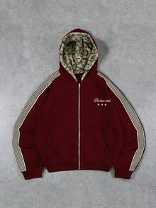 Manfinity Roghcode Men's Plus Size Clothing, Young Street Streetwear Baggy Retro Style, Ins Style Hoodie, Knitted Sweatshirt, White And Burgundy Autumn - Burgundy - View 1