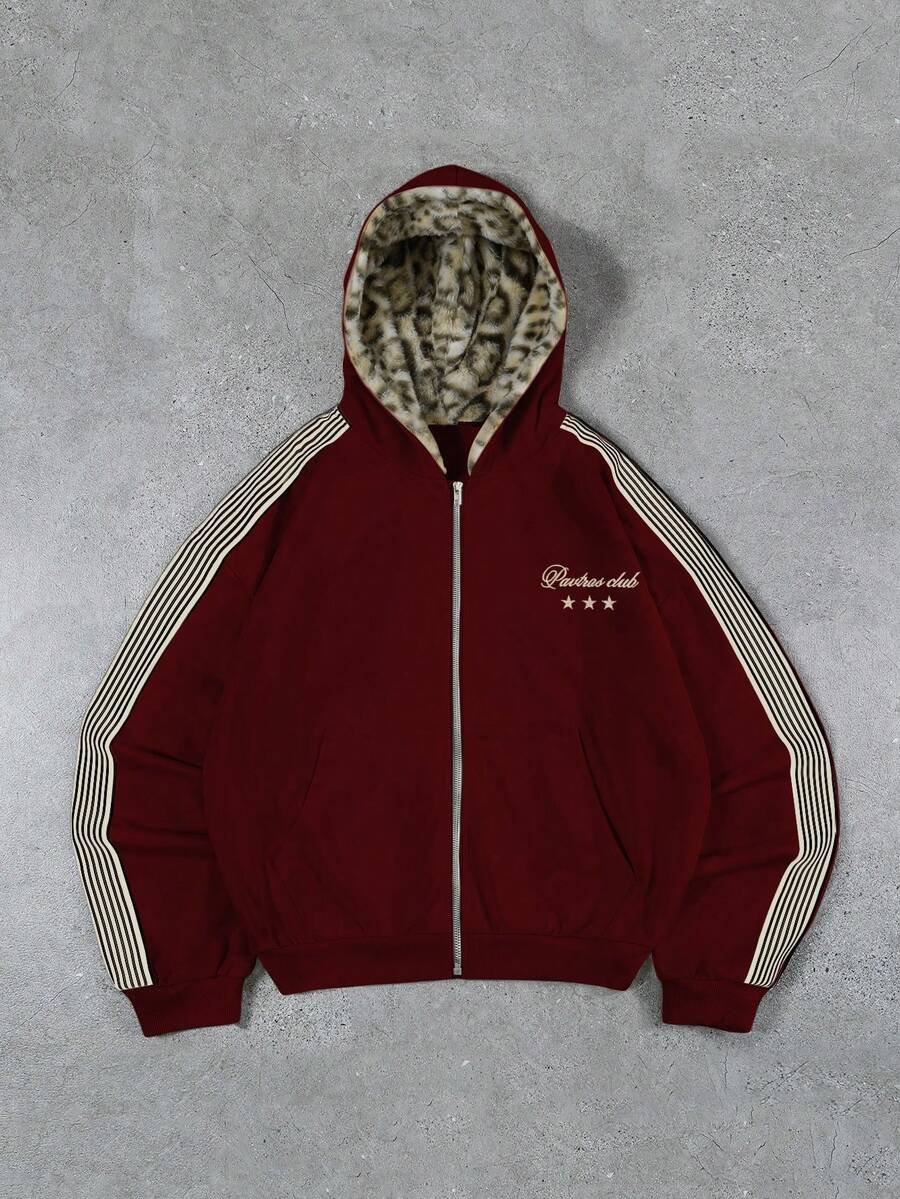 Manfinity Roghcode Men's Plus Size Clothing, Young Street Streetwear Baggy Retro Style, Ins Style Hoodie, Knitted Sweatshirt, White And Burgundy Autumn - Burgundy - View 1