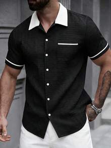 SLATEMANN Men's Casual Pocket Single-Breasted Short Sleeve Contrast Color Shirt - Black - View 4