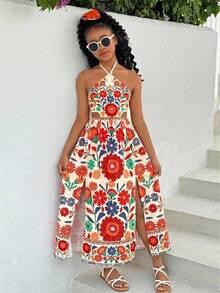 Tween Girl Tropical Print Cap Sleeve Bow Back A-Line Dress - Multicolor - View 2