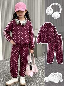 SHEIN Elladie kids 2件組女童春秋新款防風布料酒紅波點休閒時尚蝴蝶結緞帶裝飾立領前開拉鍊上衣與休閒長褲可愛甜美套裝 - 酒紅色 - 查看 3