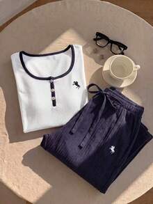 SHEIN EZwear 大尺碼女款馬術印花長袖上衣與長褲休閒日常兩件套 秋季 - 藍白色 - 查看 9