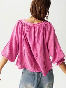 Bohemela Casual Boho Solid Color V-Neck Loose Washed Women Blouse,Autumn Top Vacation Magenta - Hot Pink - View 2