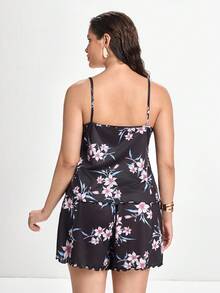 Slumbrini Plus Size Floral Print Cami Top & Shorts Pajama Set - Black - View 2