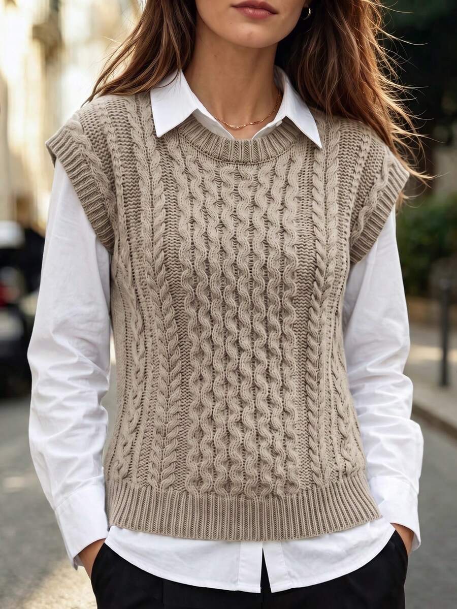Balvessa Cable Knit Sweater Vest Without Blouse - Brown - View 1