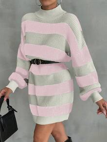 EURMUSE Women Drop Shoulder Sweater Dress With Striped Pattern - Baby Pink - View 5