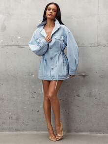 Denimoi Women's Drop Shoulder Long Sleeve Single-Breasted Casual Denim Jacket - Light Wash - View 5