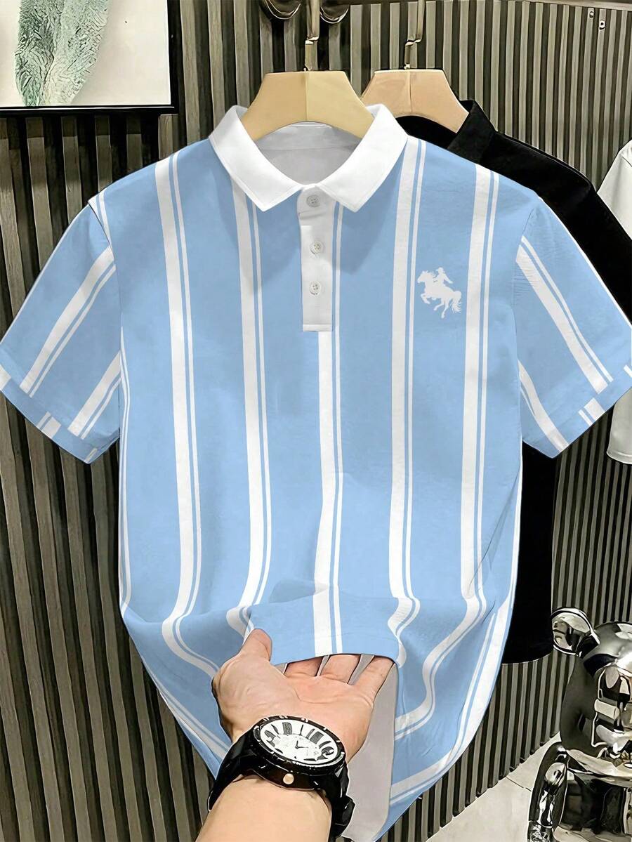 Manfinity Hypemode 男士藍色經典休閒條紋馬術圖案 Polo 衫,儀式款 - 彩色 - 查看 1