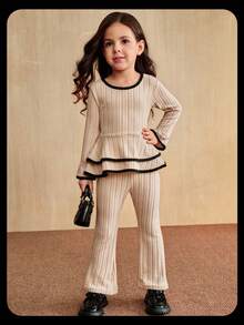 SHEIN 2pcs/Set Young Girl Ruffle Trim Round Neck Bell Sleeve Ribbed Hem T-Shirt And Bell Bottom Pants, Sports Fashion Style Suitable For School And Sports - Apricot - View 4