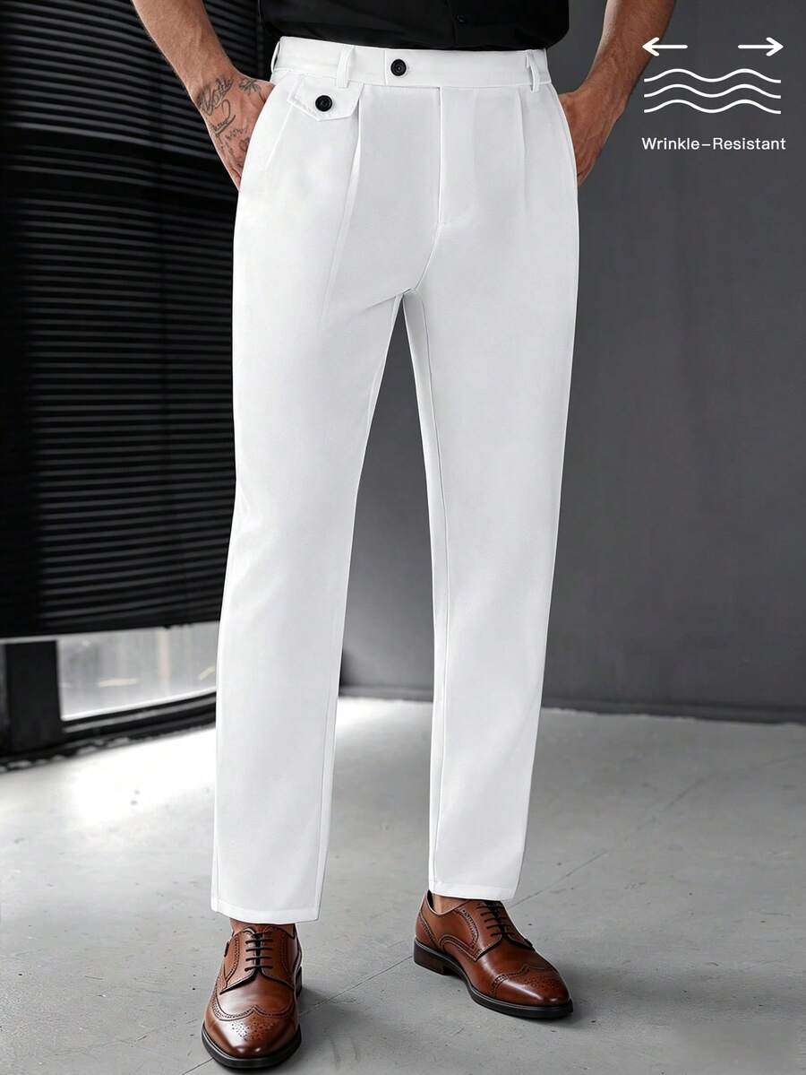 Manfinity Mode Men's White Solid Color Durable Business Commute Slim Straight Leg Dress Pants - White - View 1