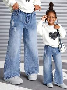 Jeans de mezclilla rectos con efecto desgastado y rotos, versátiles y casuales para niñas - Lavado ligero - Ver 3