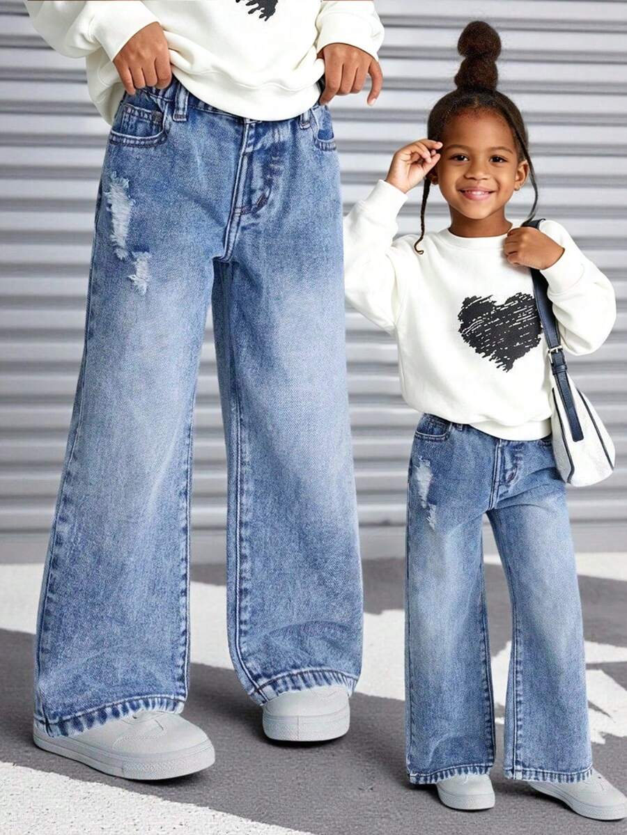 Girls' Casual Versatile Distressed Ripped Straight Leg Denim Jeans - Light Wash - View 1