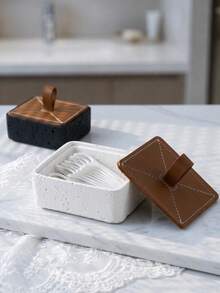 Haus Hana 1Pc Travertine Style Cotton Swab Holder, With Faux Stone Base And Leather Lid, Compact Design For Organizing Cotton Swabs, Toothpicks And Small Items, Ideal For Bathroom, Hotel And Home Decor. - multicolor - View 1