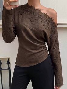Siren Gaze Women's Solid Color Contrast Lace Asymmetric Shoulder Long Sleeve Fashion Top - Chocolate Brown - View 5