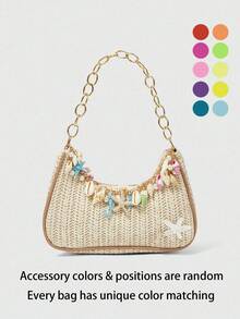 ROMWE Fairycore 1 pieza Bolso de hombro y de mano tejido con diseño de estrella de mar, conchas y caracolas de la serie de playa de verano, bolso de playa, bolso de paja para mujer (color y estilo del encanto al azar), verano - Multicolor - Ver 2