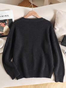 Girlism Tween Girls Sweaters Autumn/Winter Casual Black Bear 3D Patchwork Round Neck Drop Shoulder Pullover - Black - View 2