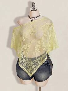 SHEIN ICON 女款大尺碼性感透視蕾絲罩衫 - 淡黃色 - 查看 3