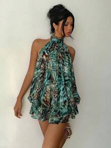 Aloruh Green Printed Mini A-Line Dress, Slimming Sexy Style - Green - View 6