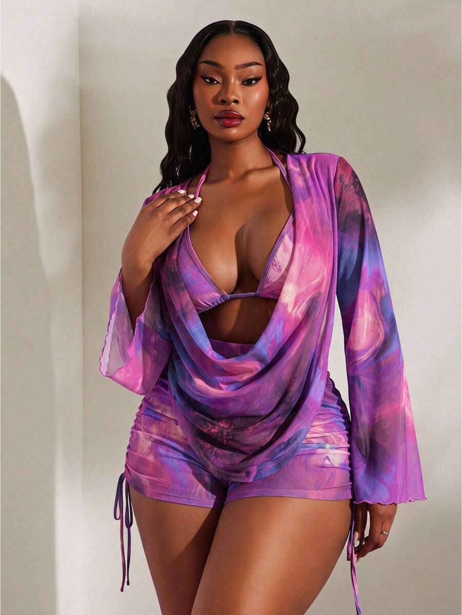 Radiana Plus Size Women's Classy Purple Autumn Vacation Set 3Pcs Transparent Mesh Marble Print Long Sleeve Plunge Neck Cover Up Bra Top Drawstring - Purple - View 1
