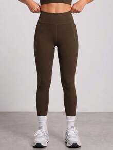 SHEIN Tween Girls' Leggings, Sports Casual Base Layer Long Pants, Ribbed Elastic Fabric, Soft And Comfortable, Side Pocket Design, Convenient For Storage, Suitable For Yoga, Casual Wear, All-Season Product - Brown - View 6