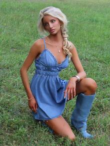 Sydney Algeri Women's Summer Denim Dress With Frill Trim,Waist Ruching Aqua Blue Suspenders Sun Skirt,Casual Cute Date Blue Jean Dress,Beach Birthday Party Outfits - Light Wash - View 6