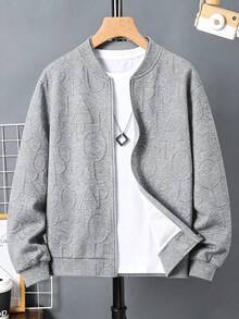 SHEIN 兒童青少年男孩休閒百搭紋理布料灰色酷感棒球夾克外套，適合通勤、上學、日常休閒外出、運動，秋冬款 - 灰色 - 查看 3