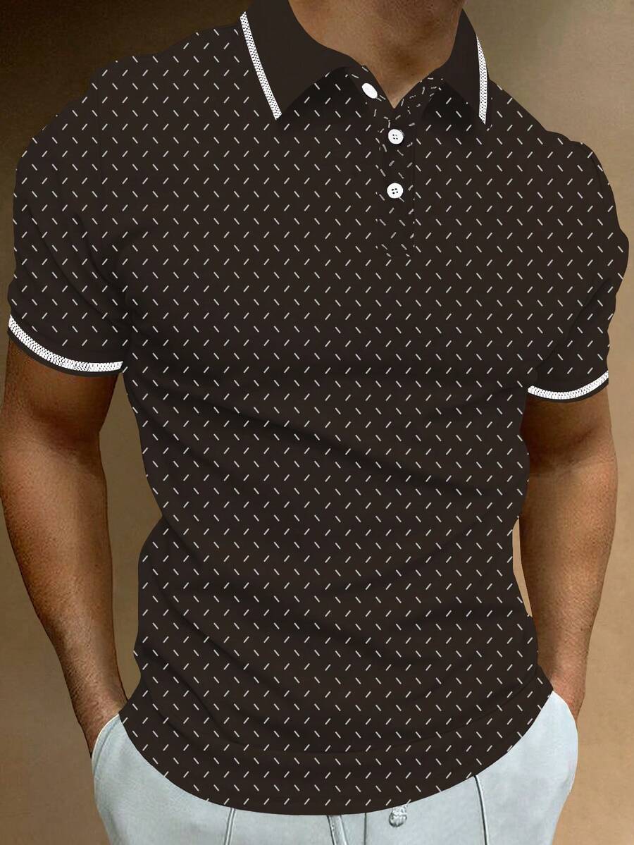 Manfinity Homme 男士休閒印花拼色半門襟鈕扣短袖 Polo 衫 - 棕色 - 查看 1