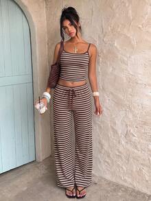 Aloruh Women's Casual Home Wear Striped Camisole & Long Pants Set - White - View 7
