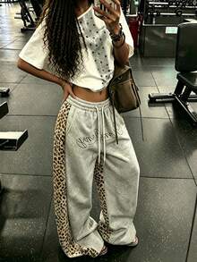 Rovax Women Grey Leopard Contrast Panel Letter Print Drawstring Wide Leg Sweatpants, Spring Autumn Y2K Street Casual Style, Daily Sports Vacation Loose Tr - Multicolor - View 3