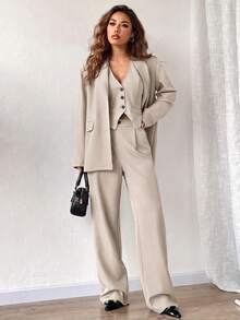 SHEIN EZwear 3pcs/Set Solid Grey Suit Jacket, Vest And Pants In Fall/Winter - Apricot - View 6
