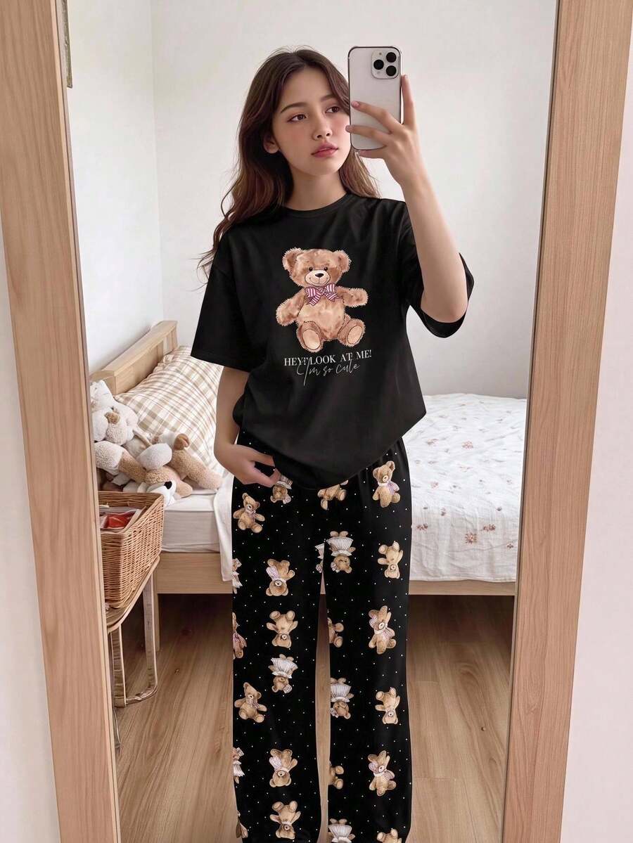 SHEIN 青少年女孩可愛熊圖案印花棉質上衣與長褲睡衣家居服套裝,黑色秋季穿搭,秋季服飾,舒適,聖誕睡衣 - 黑色 - 查看 1