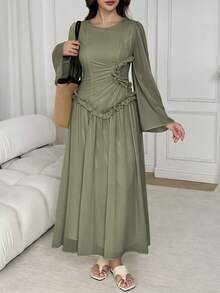 Solavon Women's Elegant Solid Color Ruffle Long Dress - Green - View 7
