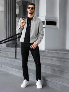 Manfinity Homme جاكيت صوف رجالي بلون موحد كاجوال متعدد الاستخدامات للارتداء اليومي - رمادي فاتح - مشاهدة 4