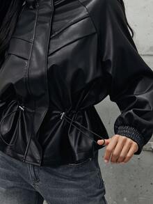 Denimoi Women's Autumn Fashion Drawstring Waist Regular Jacket - Black - View 5