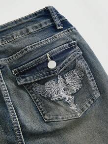 ROMWE Grunge Punk 女款夏季套裝 龐克辣妹風 百搭復古圖案刺繡修身喇叭牛仔褲 淺藍色 - 中等水洗藍 - 查看 4