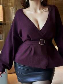 Vibekara Autumn/Winter Luxury Style Premium Purple V-Neck Tie-Front Slimming Cardigan Sweater - Purple - View 2