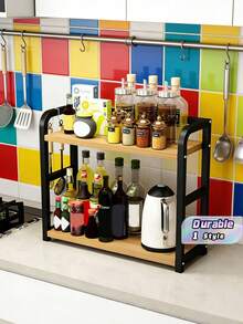 1-Piece Nordic Style Double-Layer Kitchen Storage Rack - Wooden And Iron Storage Rack, Suitable For Storing Dishes, Pots, Pans, Seasonings, And Vegetables | Frees Up Countertop Space, Suitable For Small Apartments | Stable Design Without Drilling - Multicolor - View 1