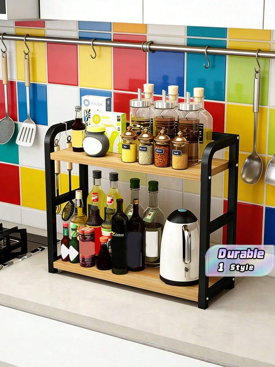 1-Piece Nordic Style Double-Layer Kitchen Storage Rack - Wooden And Iron Storage Rack, Suitable For Storing Dishes, Pots, Pans, Seasonings, And Vegetables | Frees Up Countertop Space, Suitable For Small Apartments | Stable Design Without Drilling - Multicolor - View 1