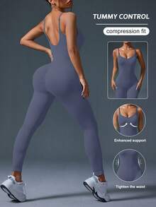 SHEIN Sports Mono deportivo de tirantes finos sin espalda de unicolor - Iron Gray - Ver 2