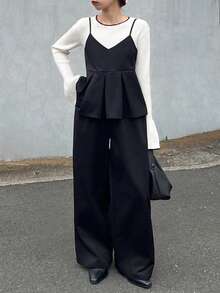 FRIFUL Women's Early Autumn New Korean Style Layered Camisole Top & Straight Leg Pants Suit Set - Black - View 3