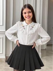 SHEIN Girls White Petal Sleeve Pearl Decor Detachable Bow Top Back To School Essential Fall Elegant Preppy - White - View 1