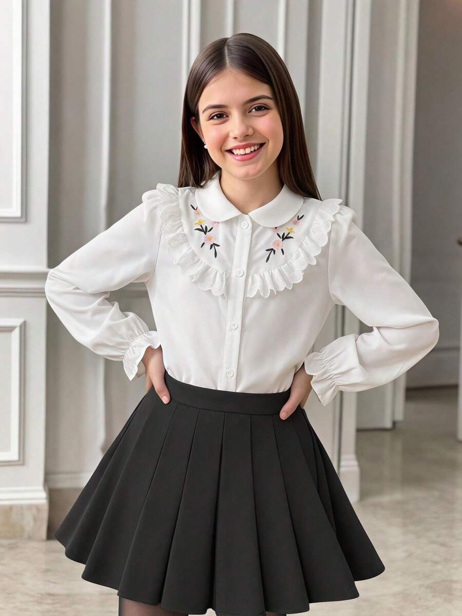 SHEIN Girls White Petal Sleeve Pearl Decor Detachable Bow Top Back To School Essential Fall Elegant Preppy - White - View 1