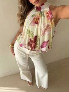Aloruh Printed Mesh Halter Neck Women's Top - Beige - View 5