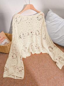 CosyJoli Plus Size Women Solid Color Hollow Out Loose Casual Pullover Sweater Fall - Beige - View 3