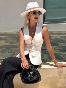 DAZY Solid Color V-Neck Elegant Casual Waist-Cinching Metal Buckle Summer Vacation Women's Vest Jacket Office Allover White - Apricot - View 4