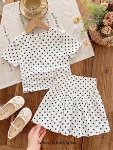 SHEIN Elladie kids 2件/組 女童圓點荷葉邊短袖T恤與休閒時尚裙組，夏季 - 黑與白 - 查看 5